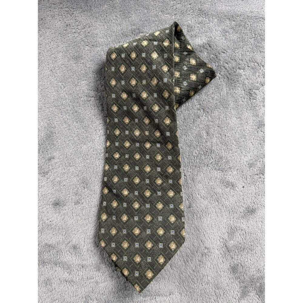 Stafford Mens Silk Tie Olive Green Gold Geometric Diamond Pattern Hand Made